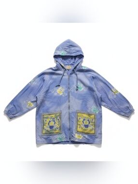 Vintage 90s Asian Creations XL Cotton Blue Lagenlook Full Zip Jacket Cancer Crab